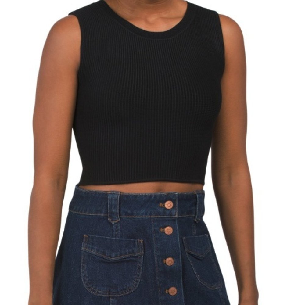 NWT HOUSE OF HARLOW Black Crew Neck Crop Compression Knit Top Large L